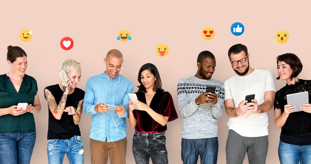 happy diverse people using digital devices 53876 96225