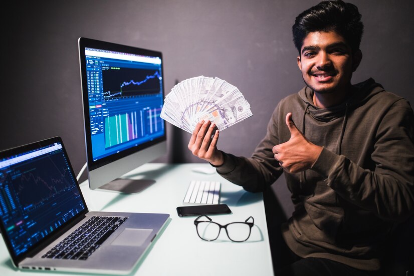 make money online angelic rich businessman with nimbus head pointing dollar banknotes encouraging earn internet sitting laptop workplace indoor studio shot isolated white background 231208 3660