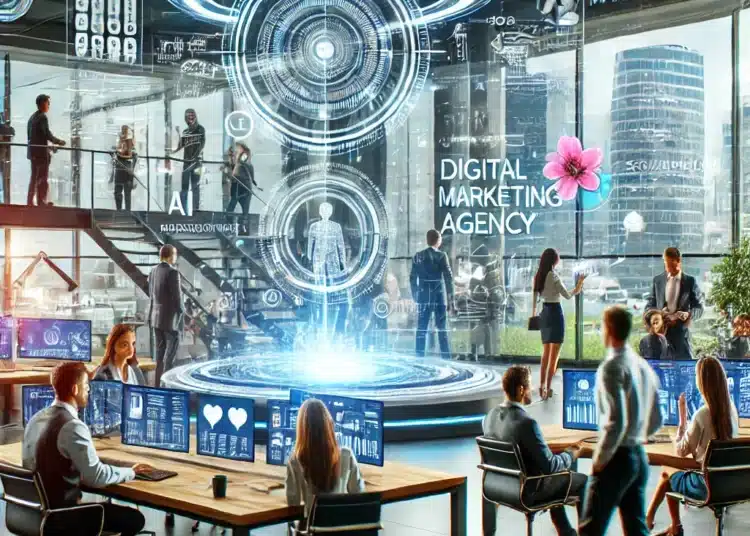 DALL·E 2025 03 21 19.09.59 A futuristic digital marketing agency in 2025 showcasing a high tech office environment with professionals collaborating on advanced marketing strate